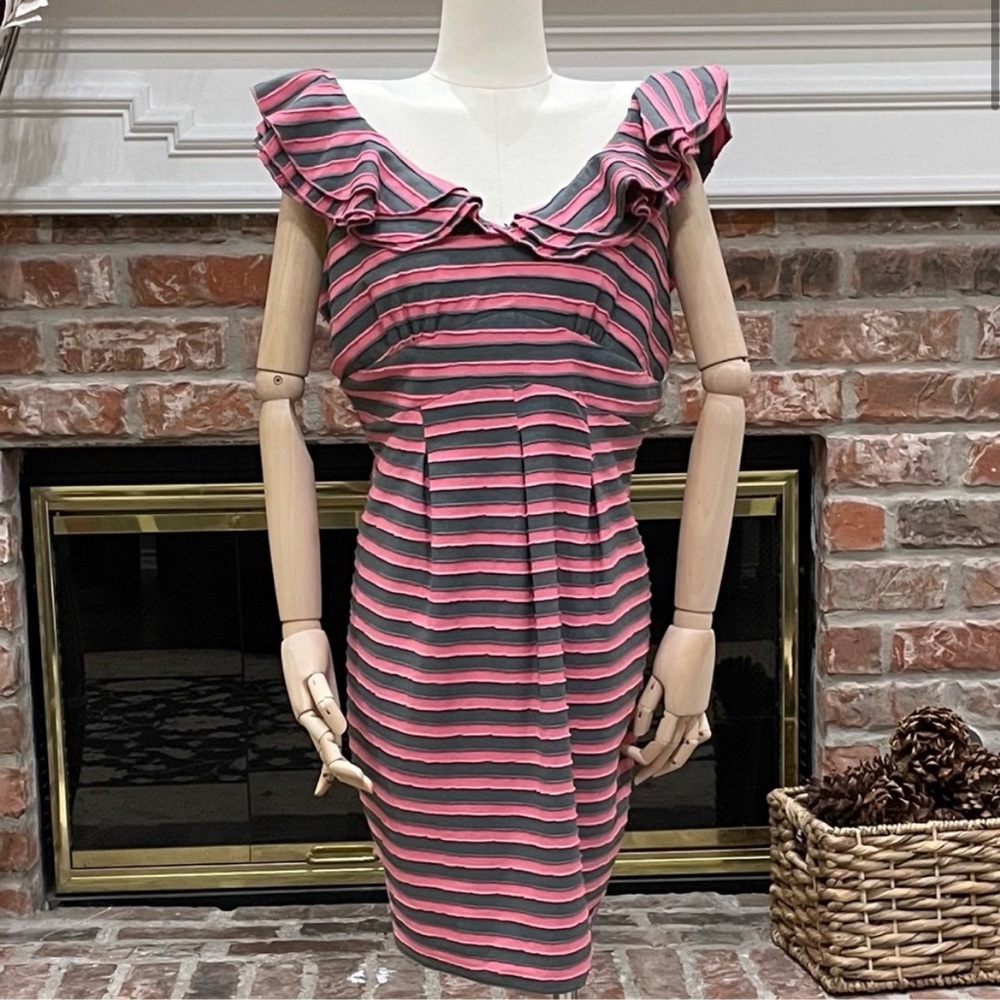 LK Collection pink & grey striped ruffled cocktail dress/ M /Excellent condition